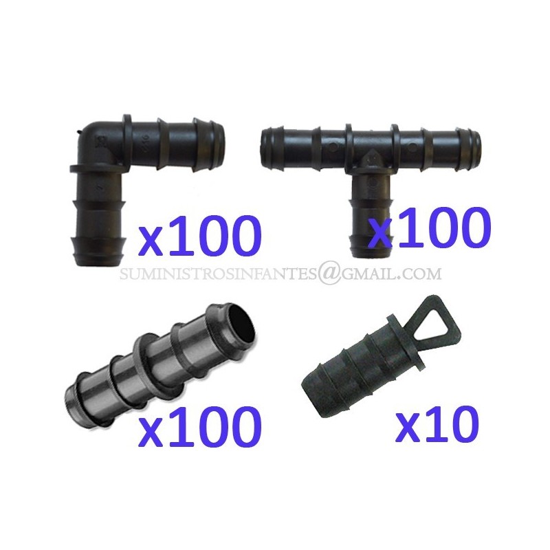 16mm Drip Irrigation Pack: 100 tees + 100 elbows + 100 connections + 10 plugs. Black color
