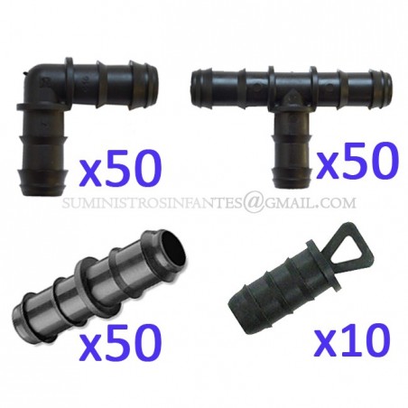 Pack Riego por goteo 16mm: 50 te + 50 codo +50 enlace + 10 tapón. Color negro