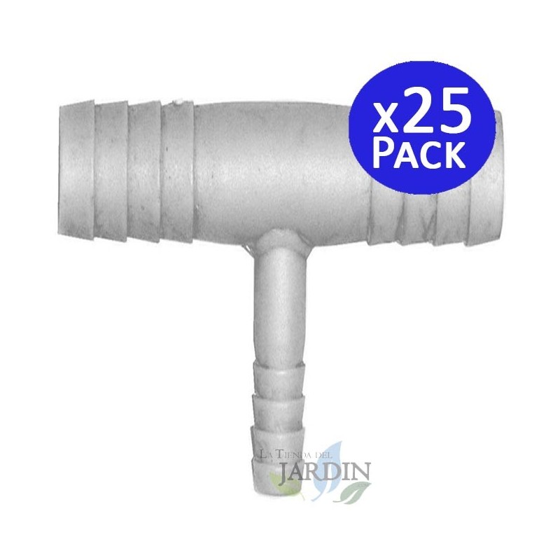 Pacote com 25 tês reduzidos de 10 mm a 7 mm para tubos flexíveis, ideais para conexões em sistemas de irrigação e água.