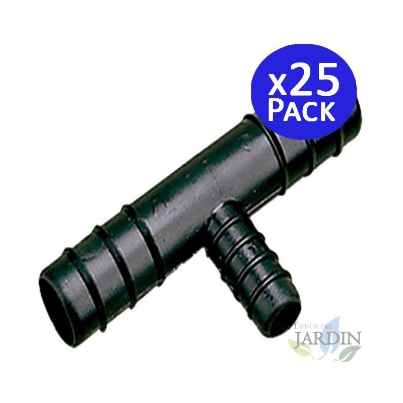 Pack 25 Té reducida 17 mm a 12 mm para tubería flexible ideal para conexiones en sistemas de riego y agua Pack 25 Té reducida 17 mm a 12 mm para tubería flexible ideal para conexiones en sistemas de riego y agua