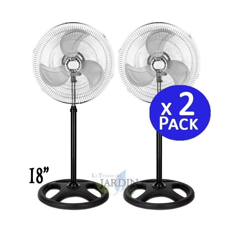 2 x Ventilateur sur pied 18''. Puissance 45W, 3 vitesses et hauteur réglable. Base stable. Oscillation à 120º. 3 VITESSES.