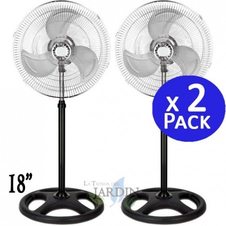 Lot de 2 Ventilateur sur pied 18''. Puissance 45W, 3 vitesses et hauteur réglable. Base stable. Oscillation à 120º. 3 Vitesses