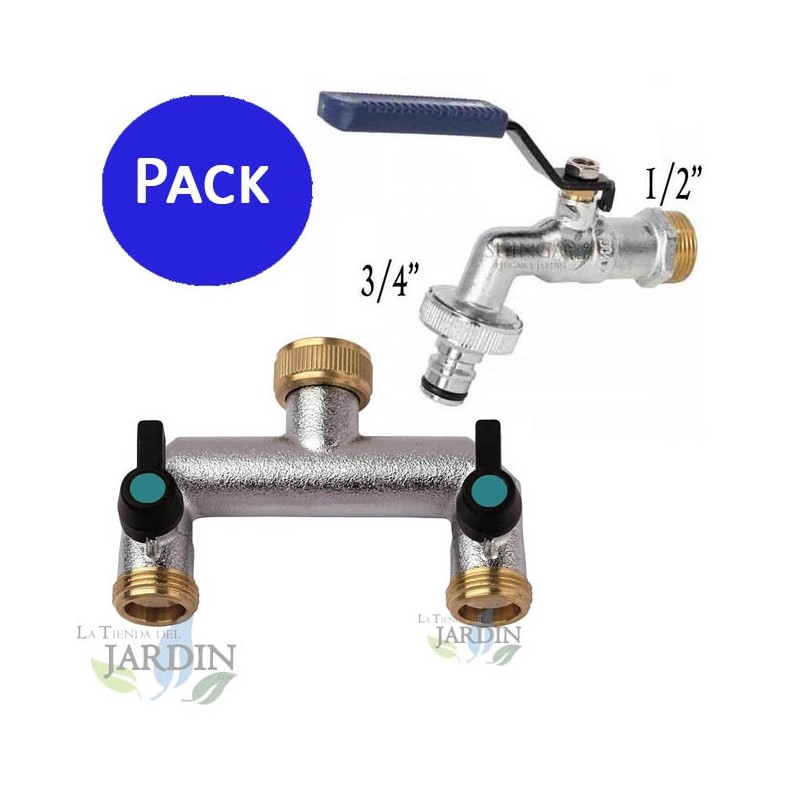 Grifo de jardín 1/2" + bifurcador 2 salidas metal ideal para dividir el flujo de agua en sistemas de riego Grifo de jardín 1/2" + bifurcador 2 salidas metal ideal para dividir el flujo de agua en sistemas de riego