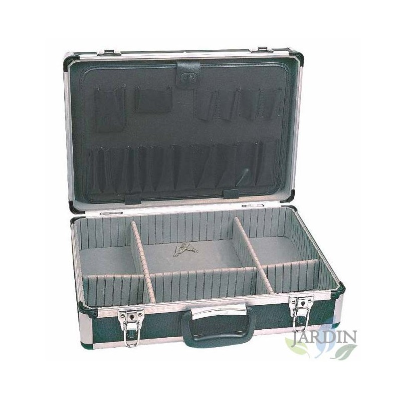 Estojo durável de alumínio e PVC 46x33x15 cm, ideal para transportar ferramentas com segurança. Estojo durável de alumínio e PVC 46x33x15 cm, ideal para transportar ferramentas com segurança.
