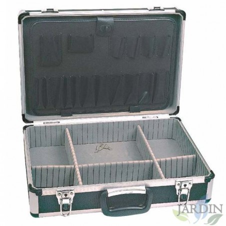 Estojo durável de alumínio e PVC 46x33x15 cm, ideal para transportar ferramentas com segurança.