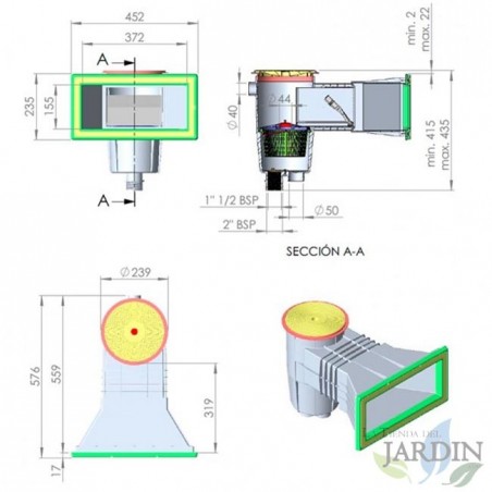 Skimmer Bianco da 15 litri con Bocca Standard e Coperchio Circolare per Piscina con Liner e in Cemento
