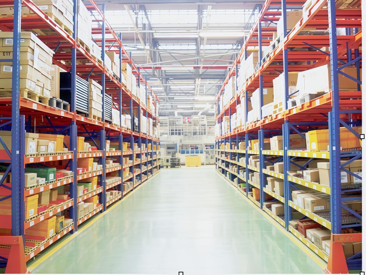 Vista del almacén de LaTiendadelJardin.com con estanterías y pedidos listos para envío